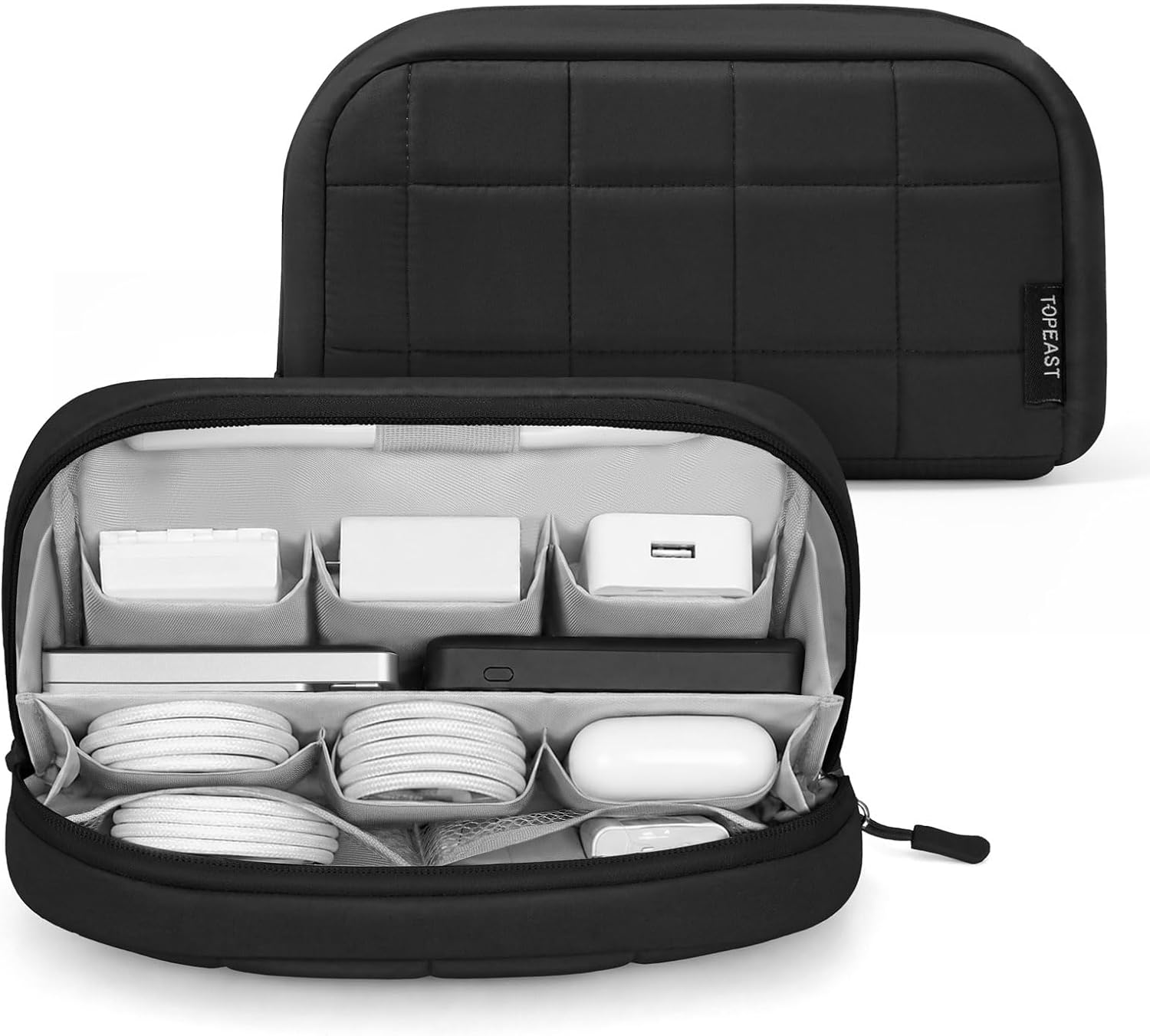 Quilted Cable Organizer Bag, Soft Tech Pouch & Travel Electronics Case with Elastic Pen Loop, Tangle-Free Cord Organizer for Women, Office Desk, AirPods, Chargers & Accessories,