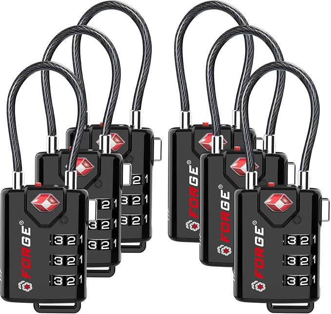 Forge TSA Approved Luggage Locks, Open Alert Cable Lock, Black, 4 Pack